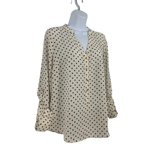 LC Lauren Conrad Button-Front Beige & Black Polka Dot Blouse Rolled Cuffs Medium - Picture 3 of 11